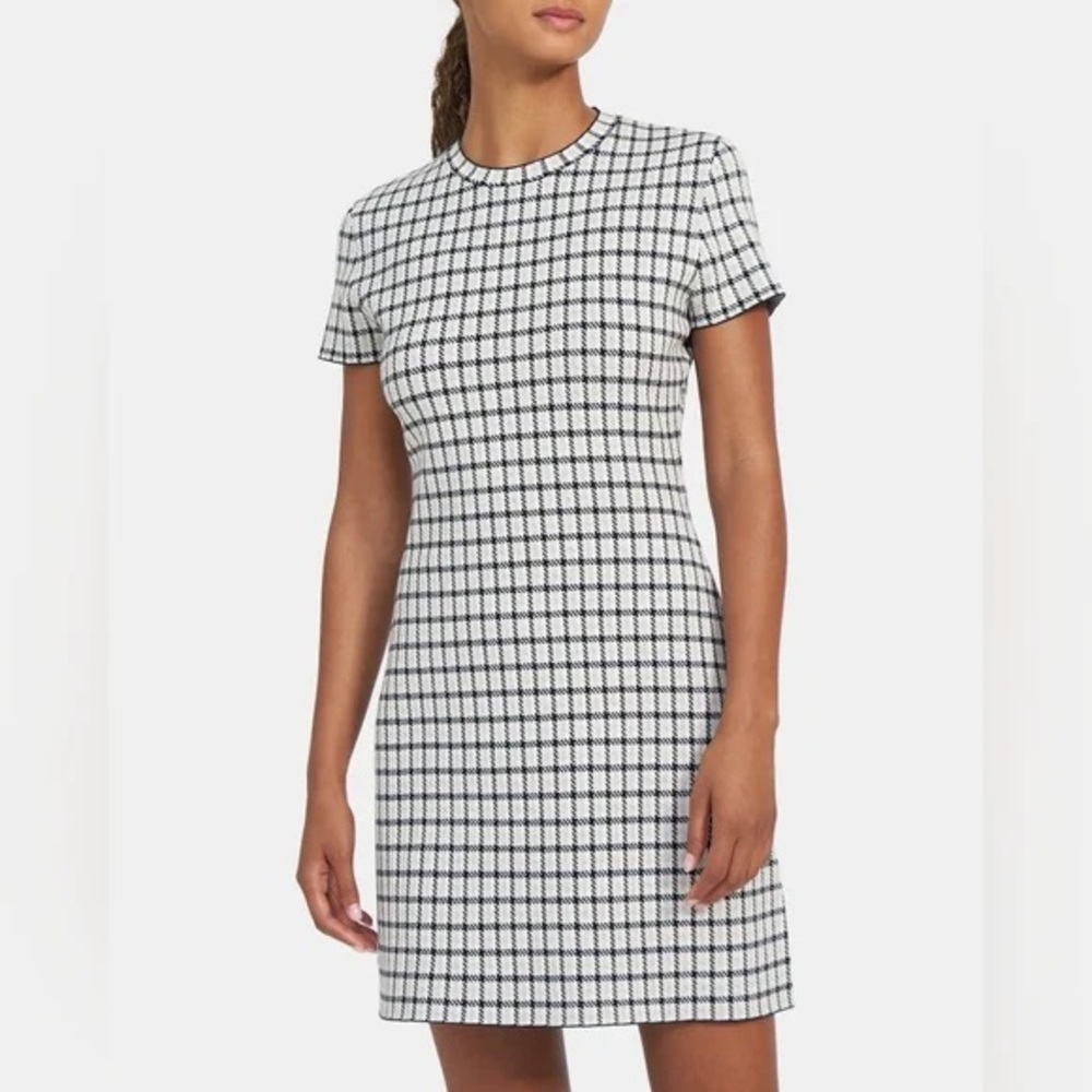 Theory Black and White Grid Short Sleeve Knit Dress